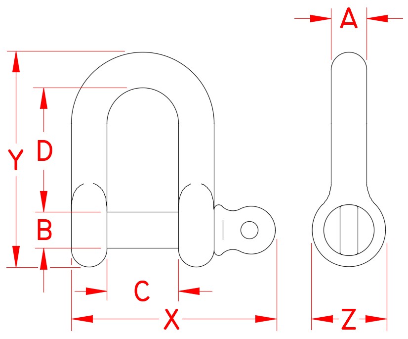 Stainless Steel Straight D Shackle with Screw Pin, S0115-0004, S0115-0005, S0115-0006, S0115-0008, S0115-0010, S0115-0012, S0115-0013, S0115-0016, S0115-0020, S0115-0022, S0115-0025, S0115-0032, Line Drawing Stainless Steel Straight D Shackle with Screw Pin, S0115-0004, S0115-0005, S0115-0006, S0115-0008, S0115-0010, S0115-0012, S0115-0013, S0115-0016, S0115-0020, S0115-0022, S0115-0025, S0115-0032, Line Drawing